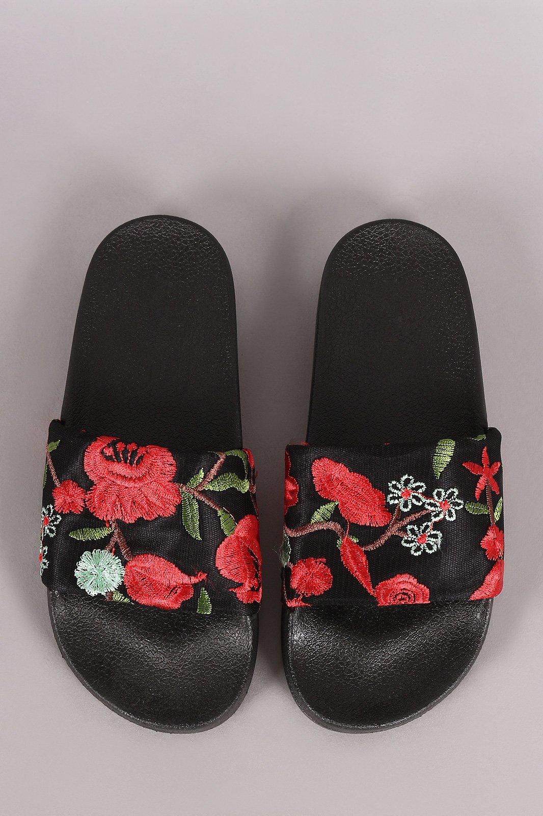 Qupid Floral Embroidery Slide Sandal