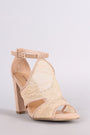 Bamboo Suede Lace Shield Cutout Peep Toe Chunky Heel