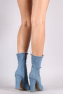 Bamboo Ripped And Frayed Denim Pointy Toe Chunky Heeled Booties