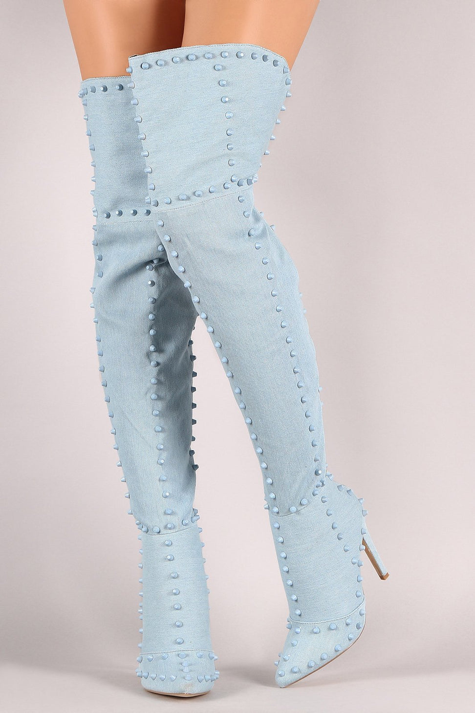 Denim Studded Pointy Toe Stiletto Over-The-Knee Boots - NoveltyOne