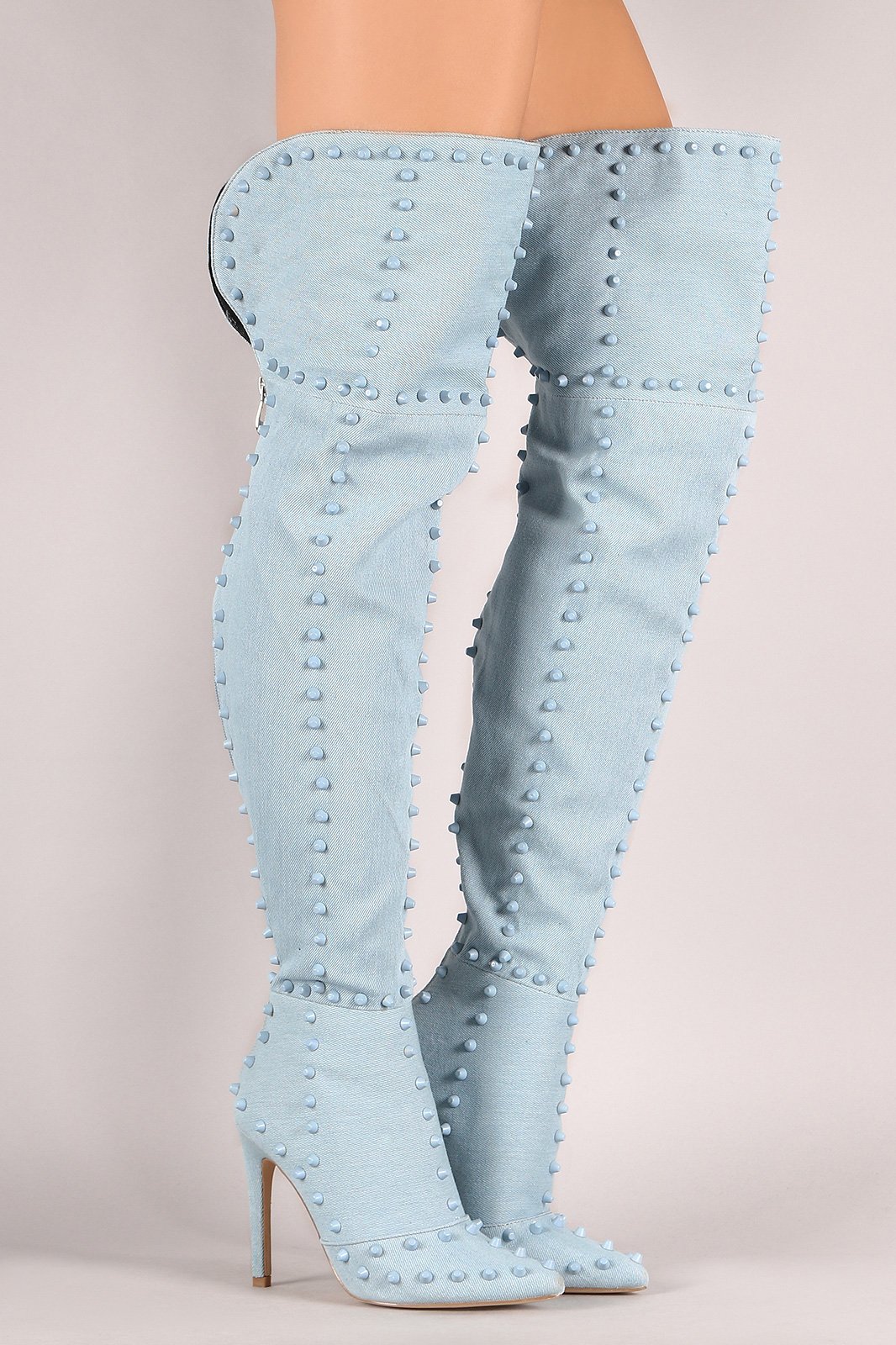 Denim Studded Pointy Toe Stiletto Over-The-Knee Boots - NoveltyOne