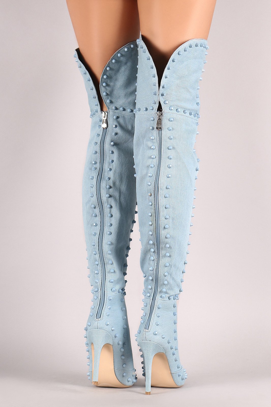 Denim Studded Pointy Toe Stiletto Over-The-Knee Boots - NoveltyOne