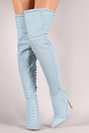 Denim Studded Pointy Toe Stiletto Over-The-Knee Boots - NoveltyOne
