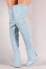 Denim Studded Pointy Toe Stiletto Over-The-Knee Boots - NoveltyOne