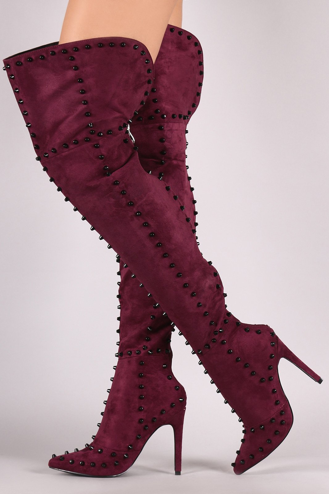 Suede Studded Pointy Toe Stiletto Over-The-Knee Boots