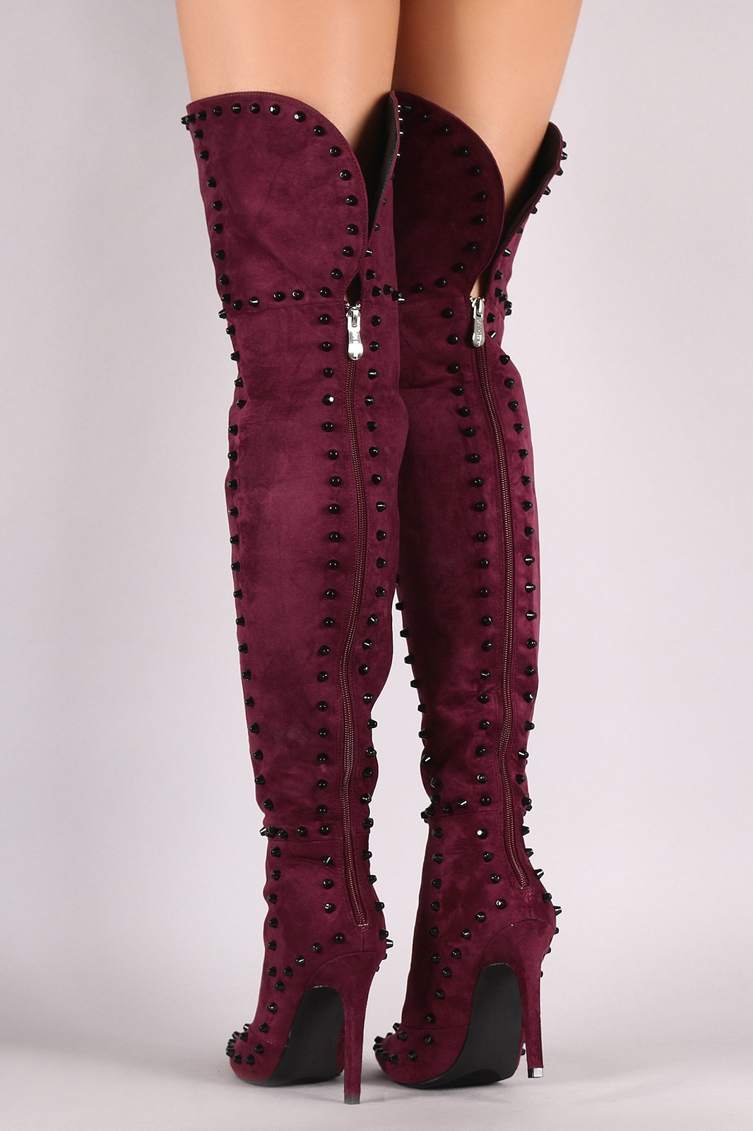 Suede Studded Pointy Toe Stiletto Over-The-Knee Boots