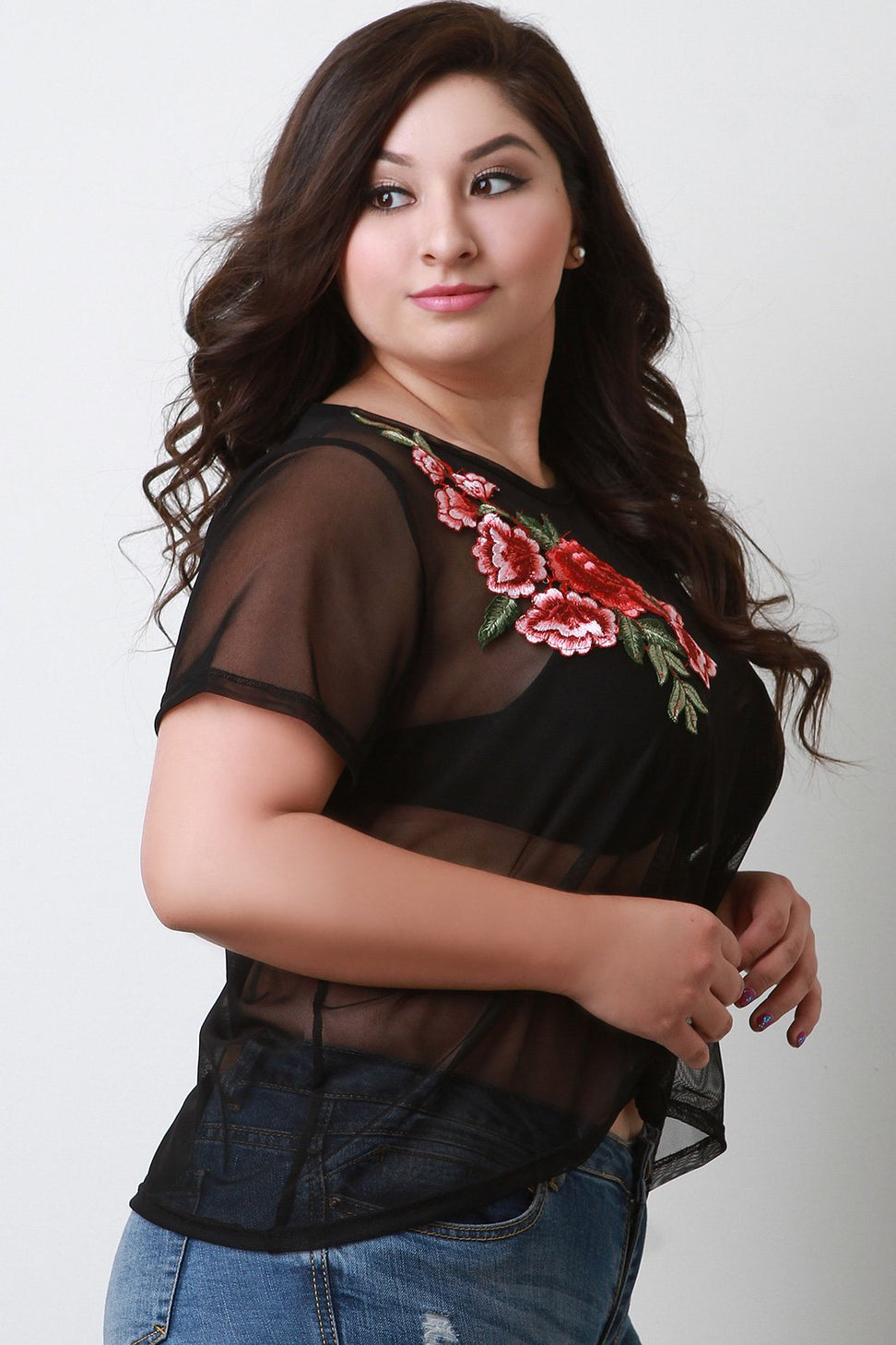 Semi-Sheer Mesh Floral Applique Knotted Hem Top