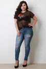 Semi-Sheer Mesh Floral Applique Knotted Hem Top