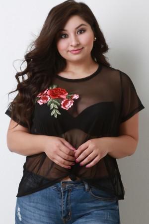 Semi-Sheer Mesh Floral Applique Knotted Hem Top
