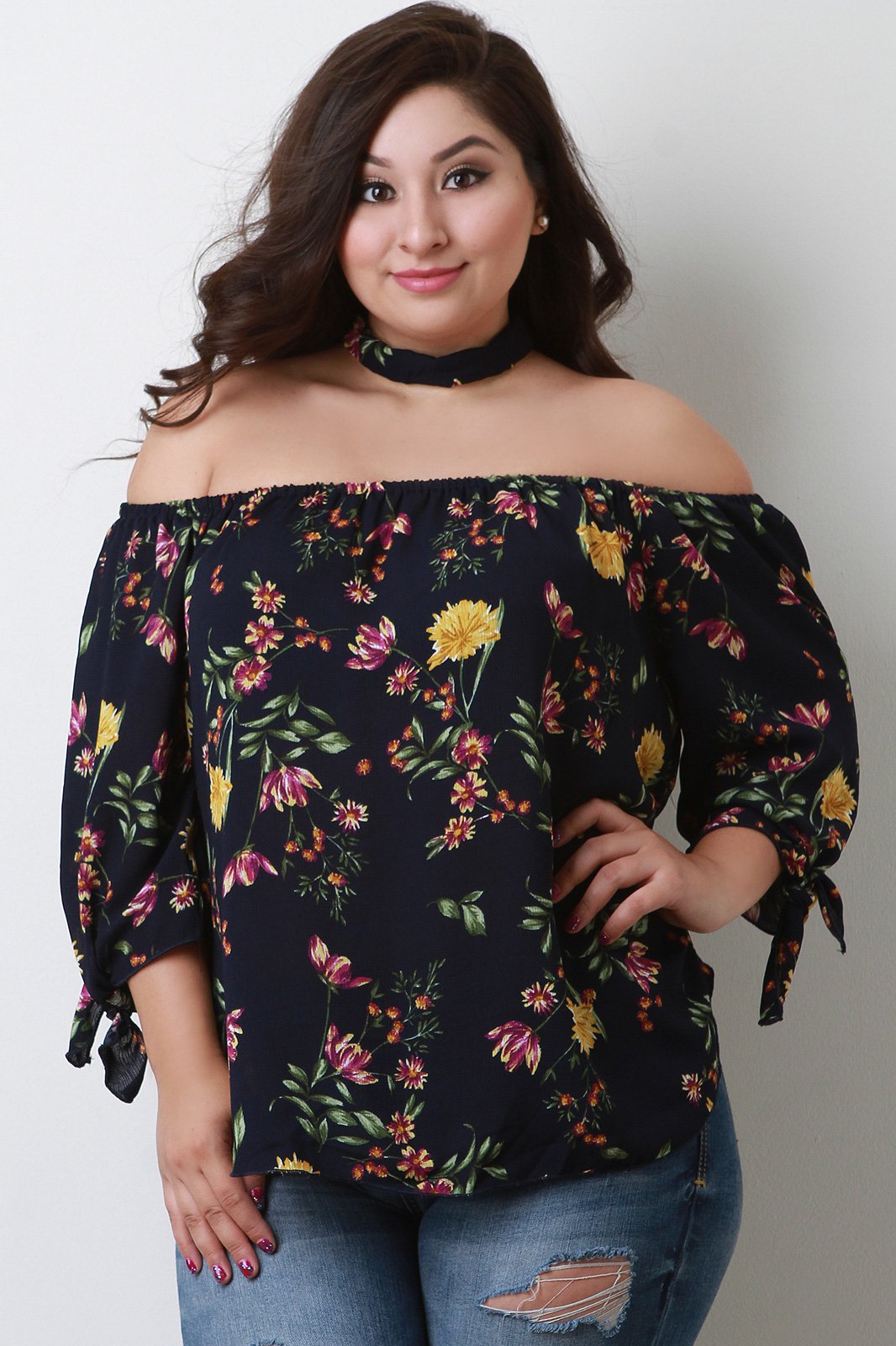 Floral Print Choker Off The Shoulder Top