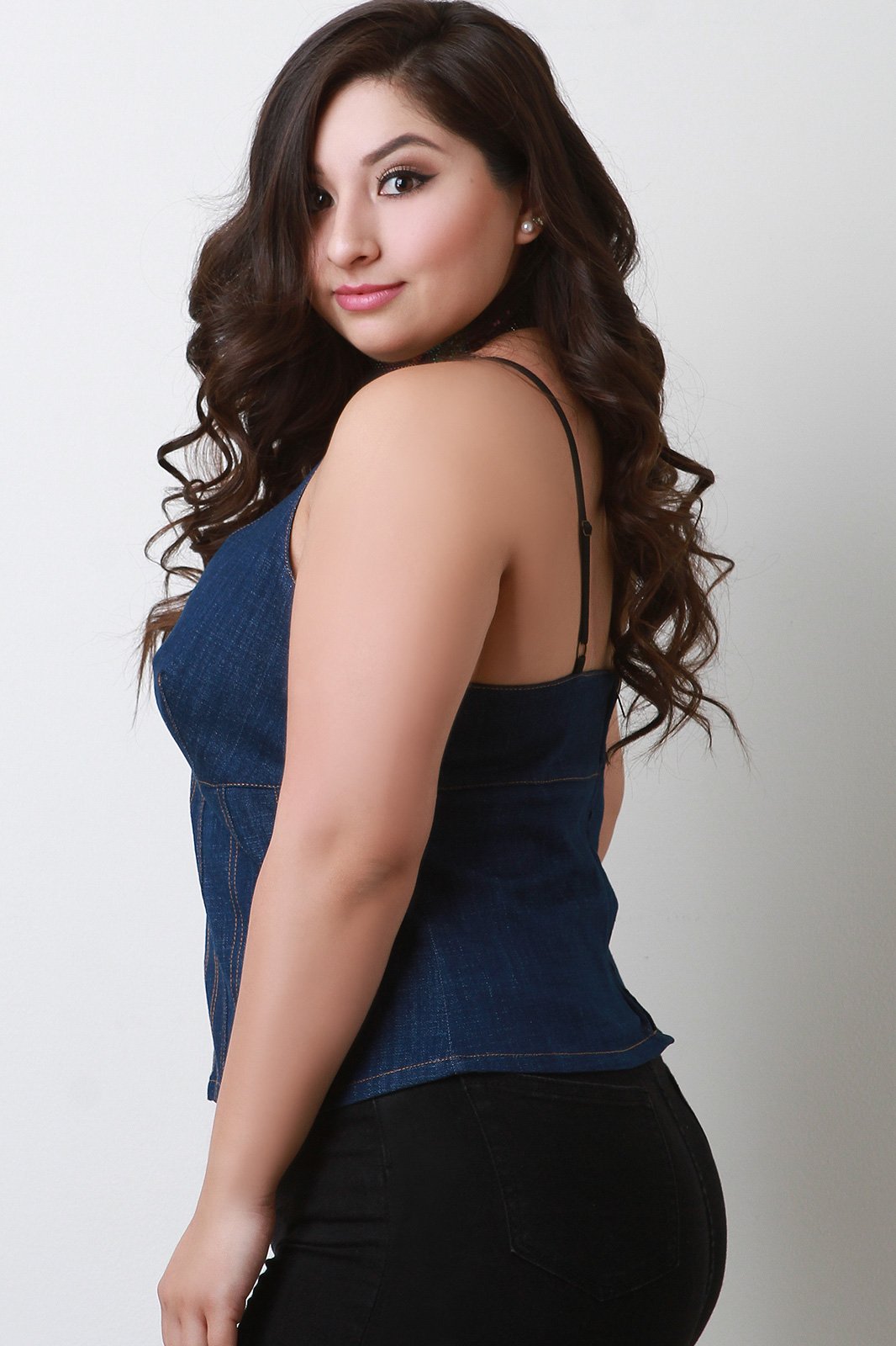 Denim Corset Seam Scooped Neck Top