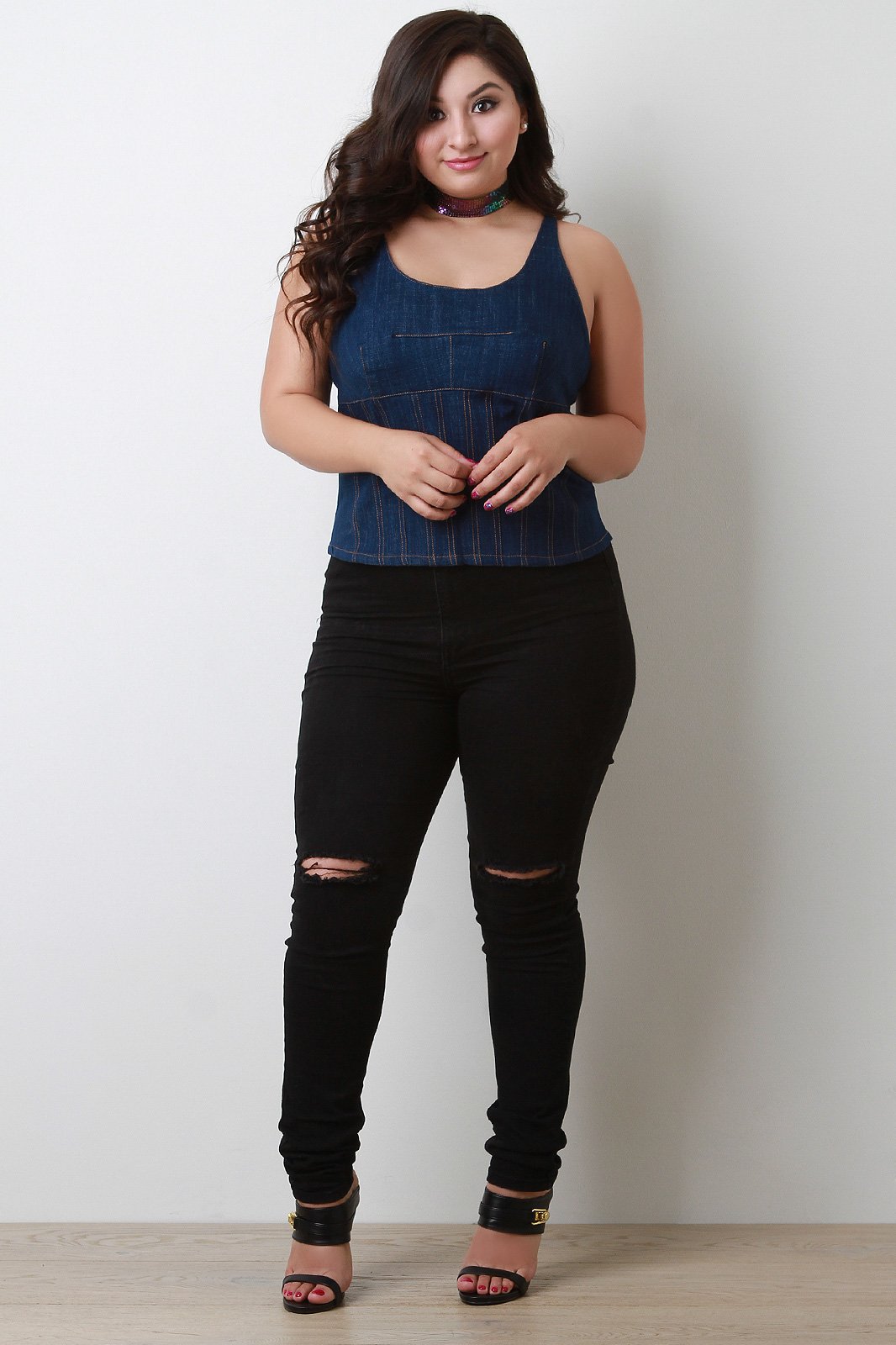 Denim Corset Seam Scooped Neck Top