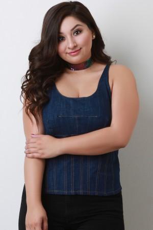 Denim Corset Seam Scooped Neck Top