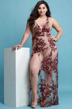 Floral Embroidered Mesh Bodysuit Maxi Dress - NoveltyOne