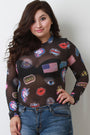 Semi-Sheer Graphic Mesh Mock Long Sleeve Bodysuit