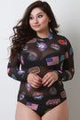 Semi-Sheer Graphic Mesh Mock Long Sleeve Bodysuit