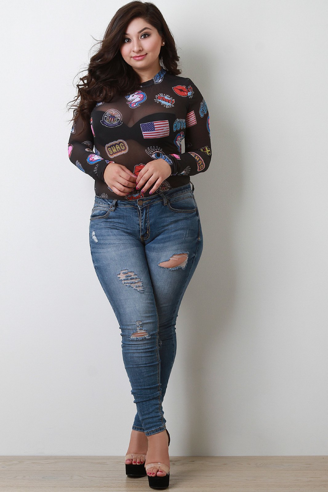 Semi-Sheer Graphic Mesh Mock Long Sleeve Bodysuit