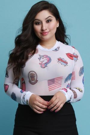Semi-Sheer Graphic Mesh Mock Long Sleeve Bodysuit