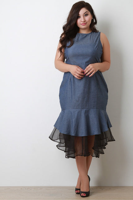 Denim Sleeveless Peplum Tulle Hem Midi Dress - NoveltyOne