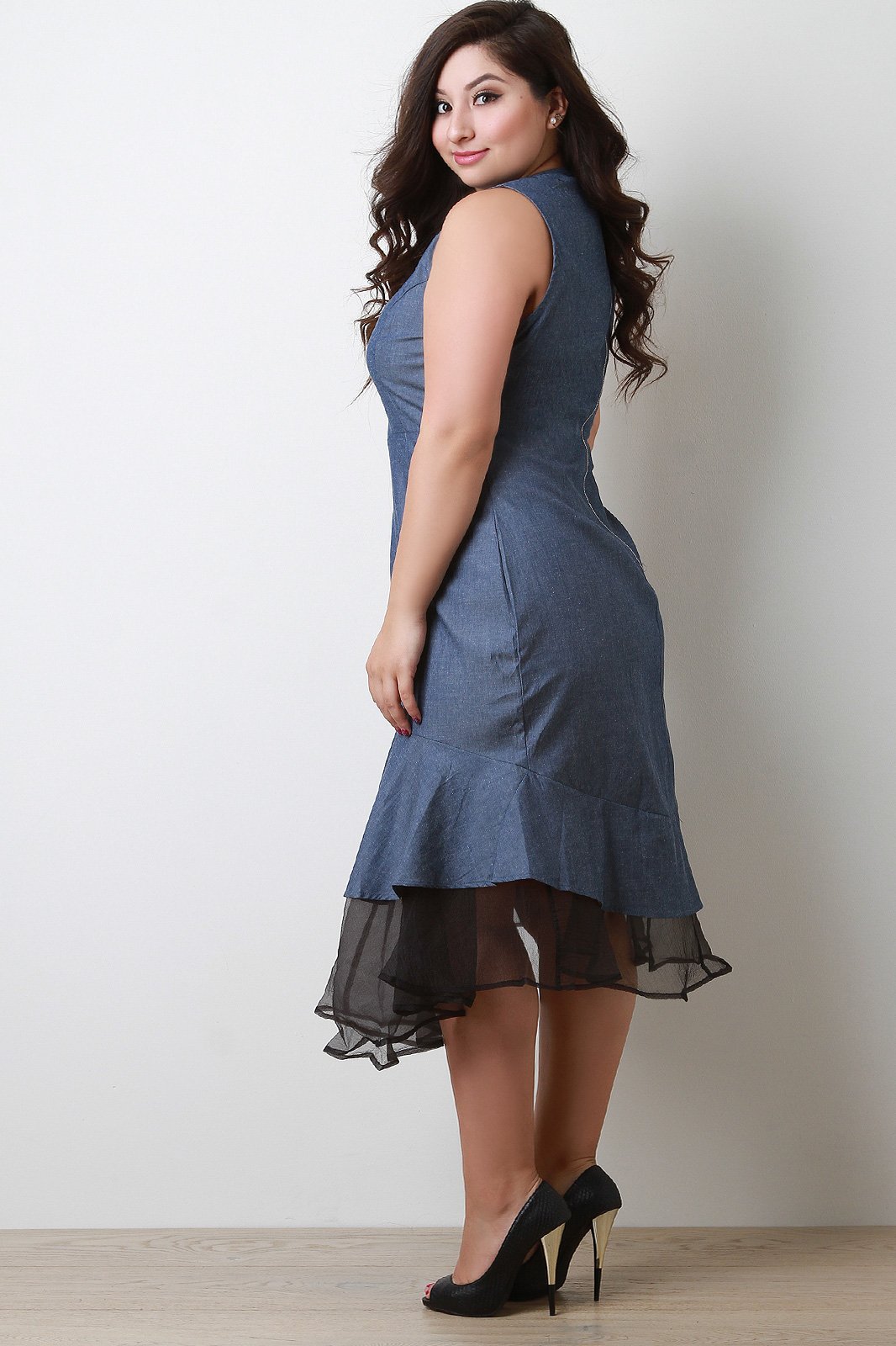 Denim Sleeveless Peplum Tulle Hem Midi Dress - NoveltyOne