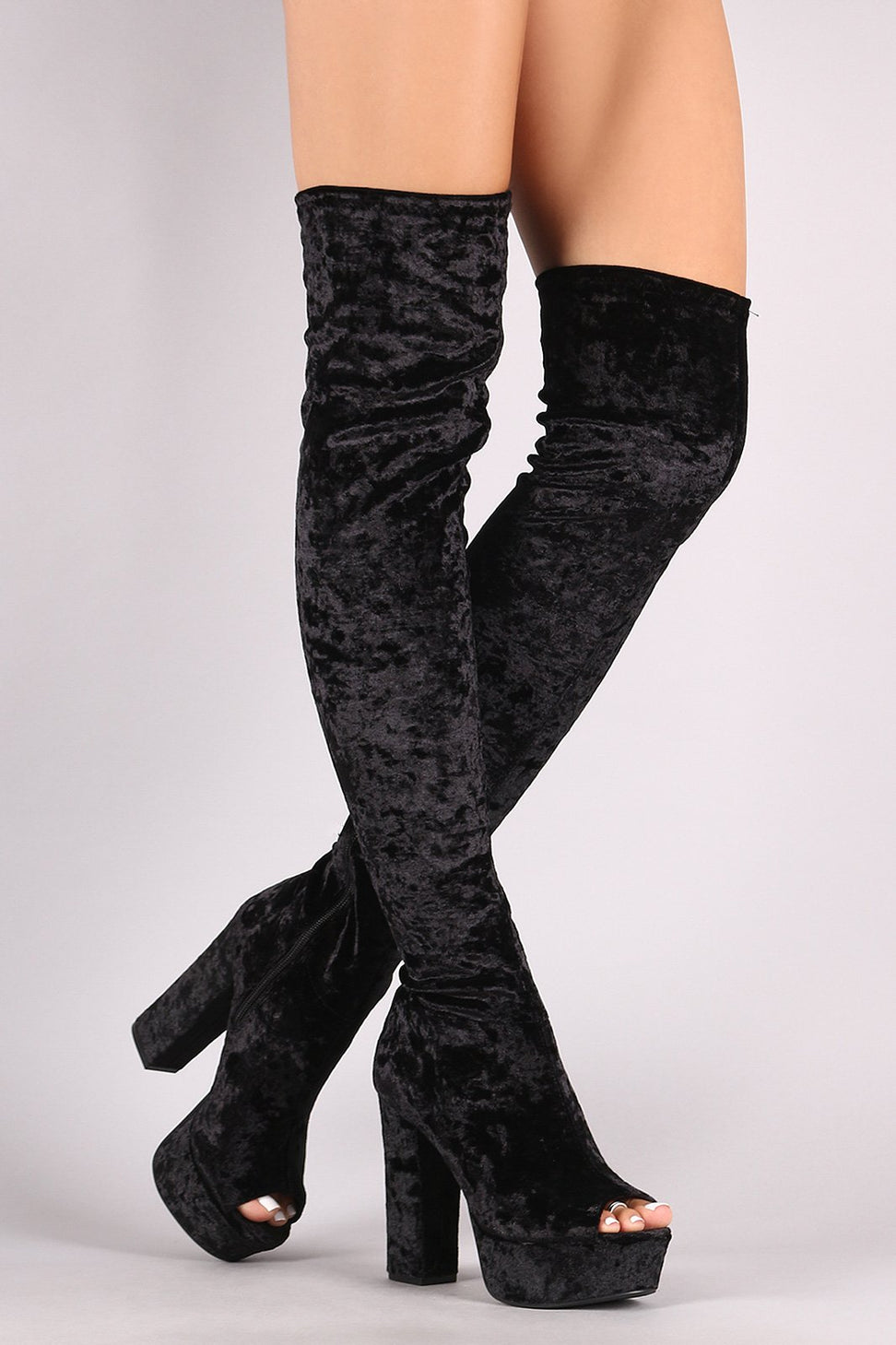 Qupid Velvet Peep Toe Chunky Platform Heeled OTK Boots