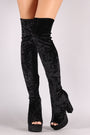 Qupid Velvet Peep Toe Chunky Platform Heeled OTK Boots
