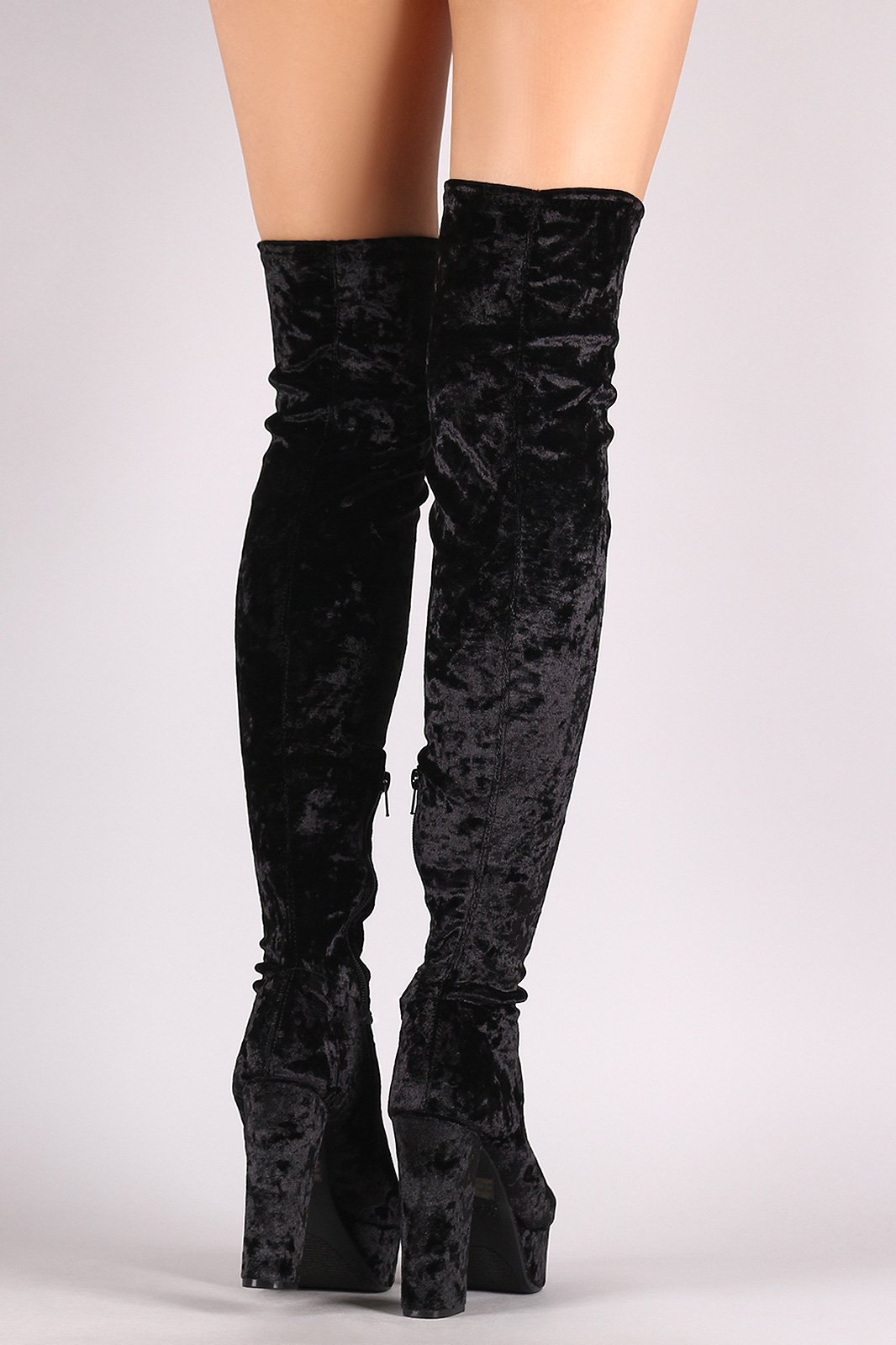 Qupid Velvet Peep Toe Chunky Platform Heeled OTK Boots