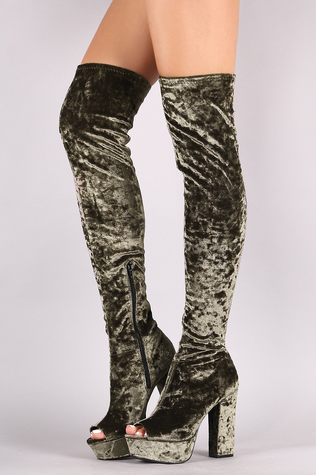 Qupid Velvet Peep Toe Chunky Platform Heeled OTK Boots