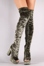 Qupid Velvet Peep Toe Chunky Platform Heeled OTK Boots