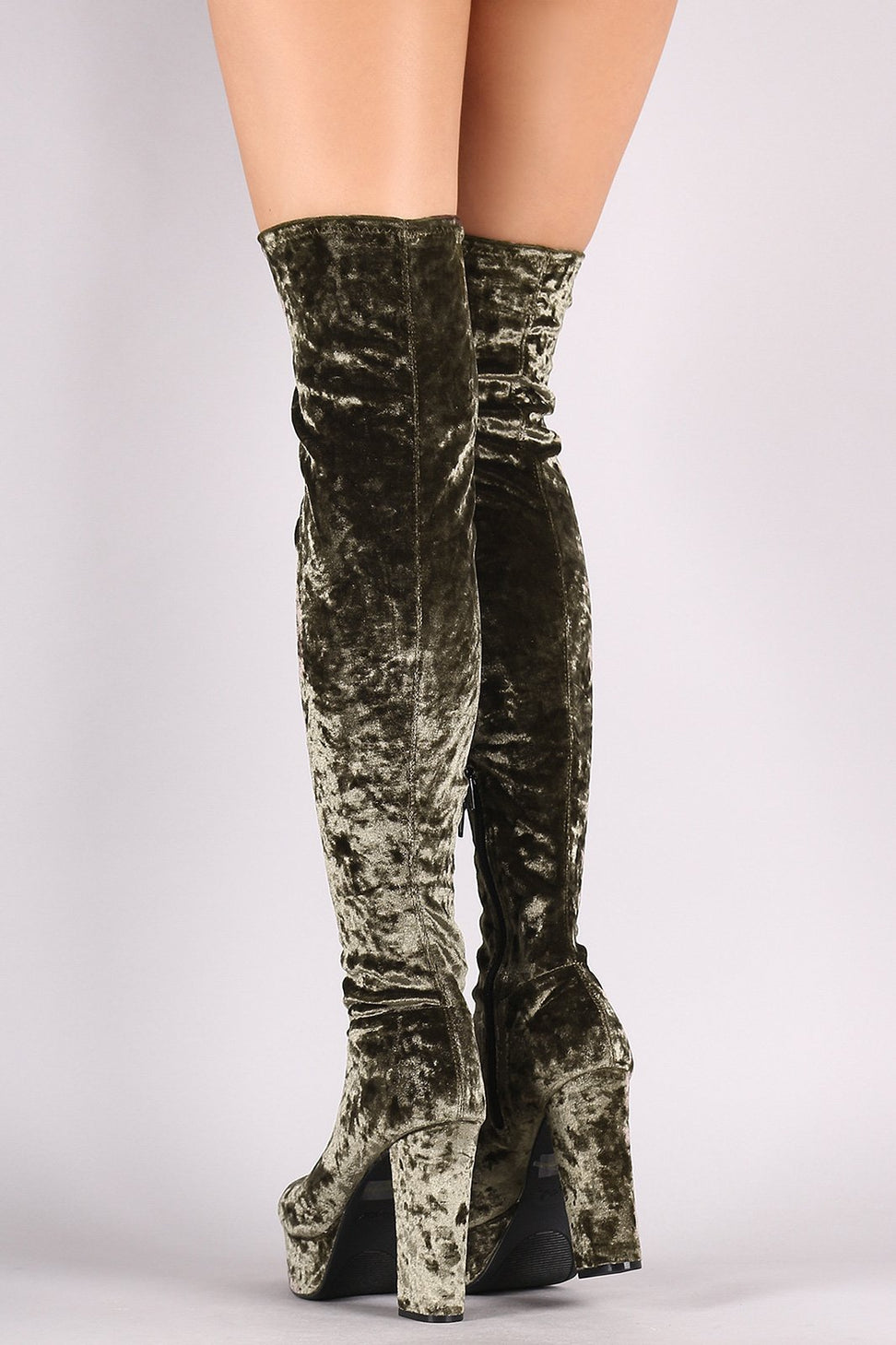 Qupid Velvet Peep Toe Chunky Platform Heeled OTK Boots