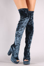 Qupid Velvet Peep Toe Chunky Platform Heeled OTK Boots