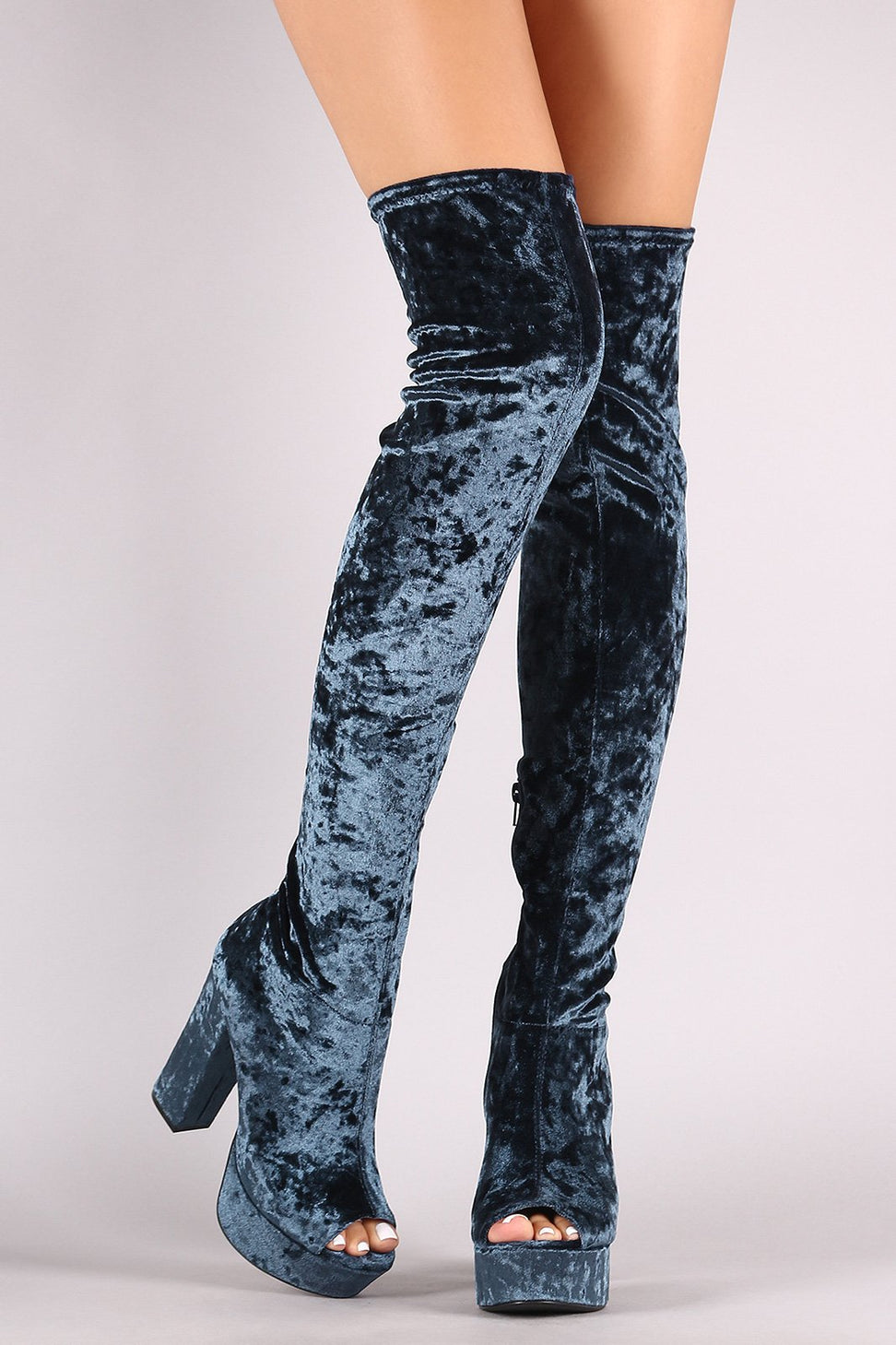 Qupid Velvet Peep Toe Chunky Platform Heeled OTK Boots