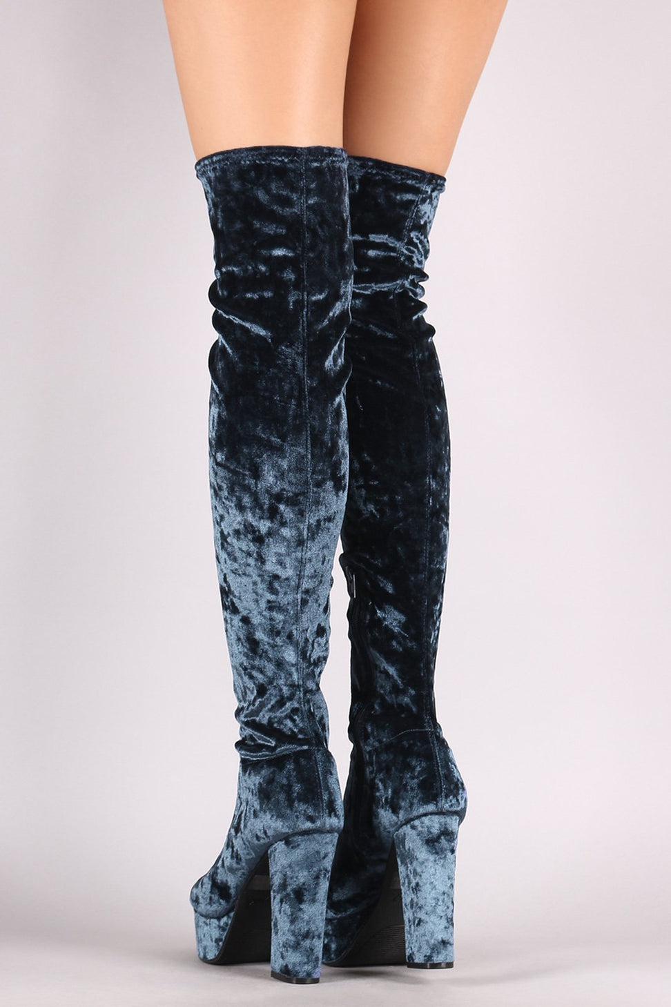 Qupid Velvet Peep Toe Chunky Platform Heeled OTK Boots