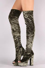 Qupid Velvet Peep Toe Chunky Platform Heeled OTK Boots