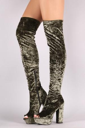 Qupid Velvet Peep Toe Chunky Platform Heeled OTK Boots