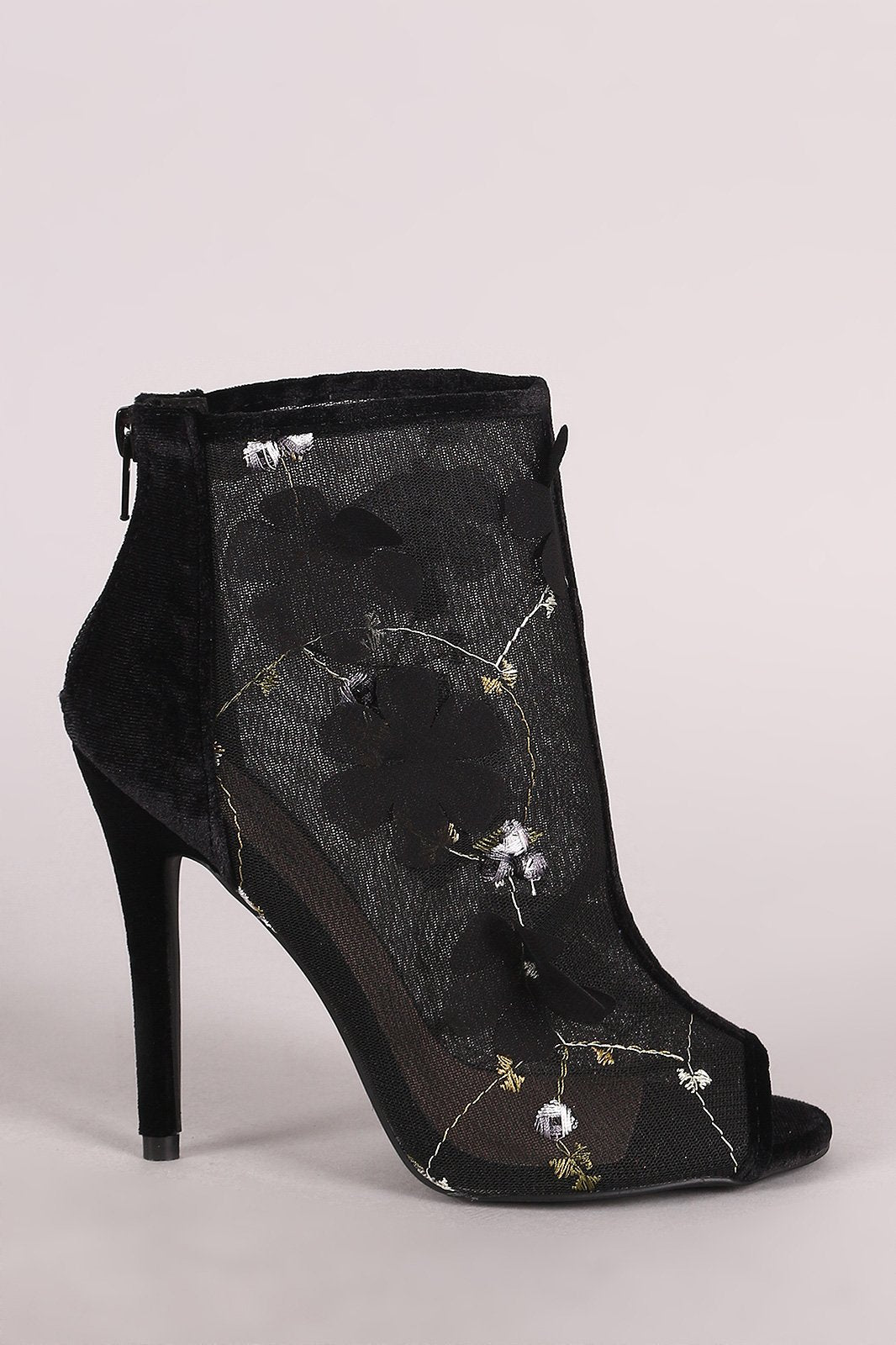 Qupid Floral Accent Velvet Peep Toe Stiletto Booties