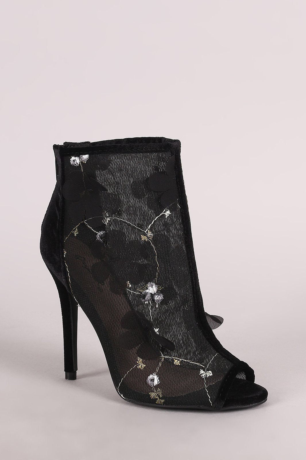 Qupid Floral Accent Velvet Peep Toe Stiletto Booties