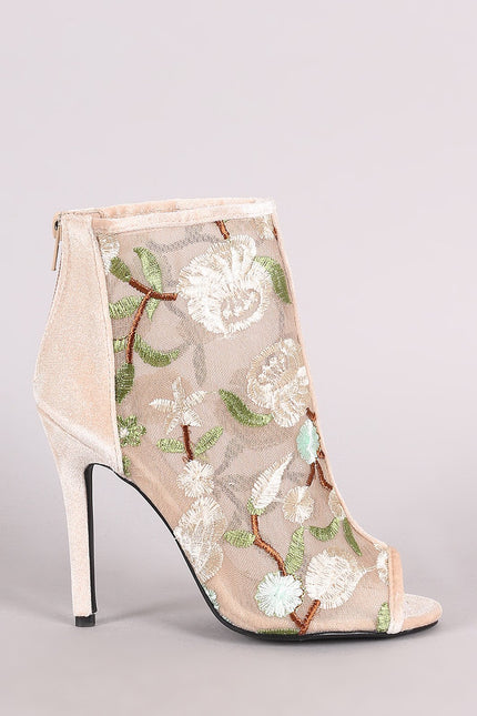 Qupid Floral Accent Velvet Peep Toe Stiletto Booties