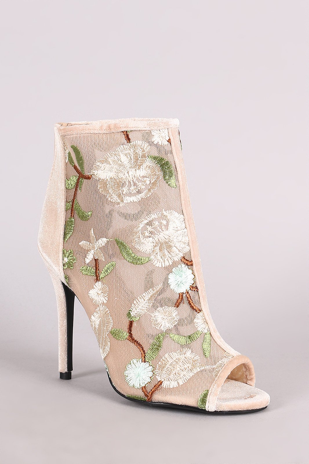 Qupid Floral Accent Velvet Peep Toe Stiletto Booties