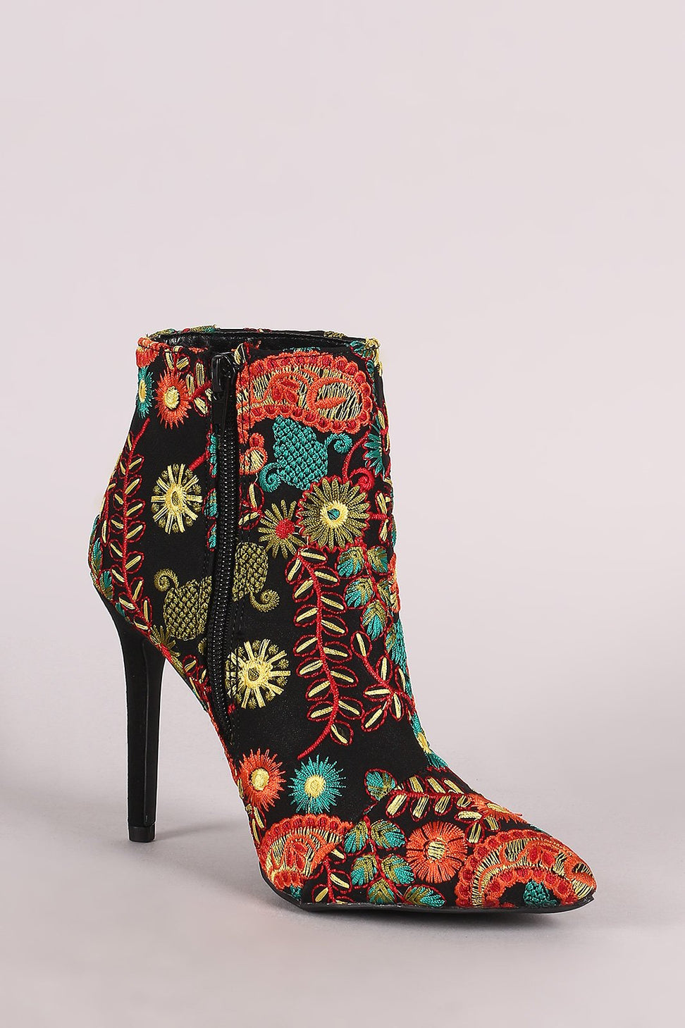 Qupid Embroidered Paisley Pointy Toe Stiletto Booties