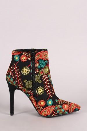 Qupid Embroidered Paisley Pointy Toe Stiletto Booties