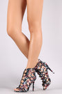 Qupid Floral Print Caged Button Accent Stiletto Heel