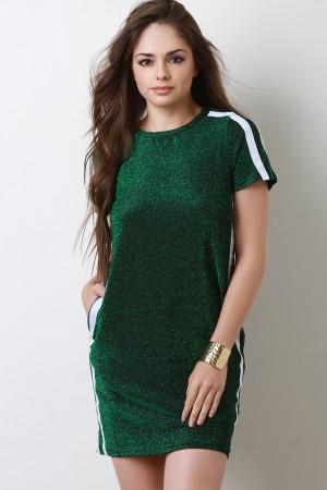 Glitter Knit Pocketed Stripe Mini Dress