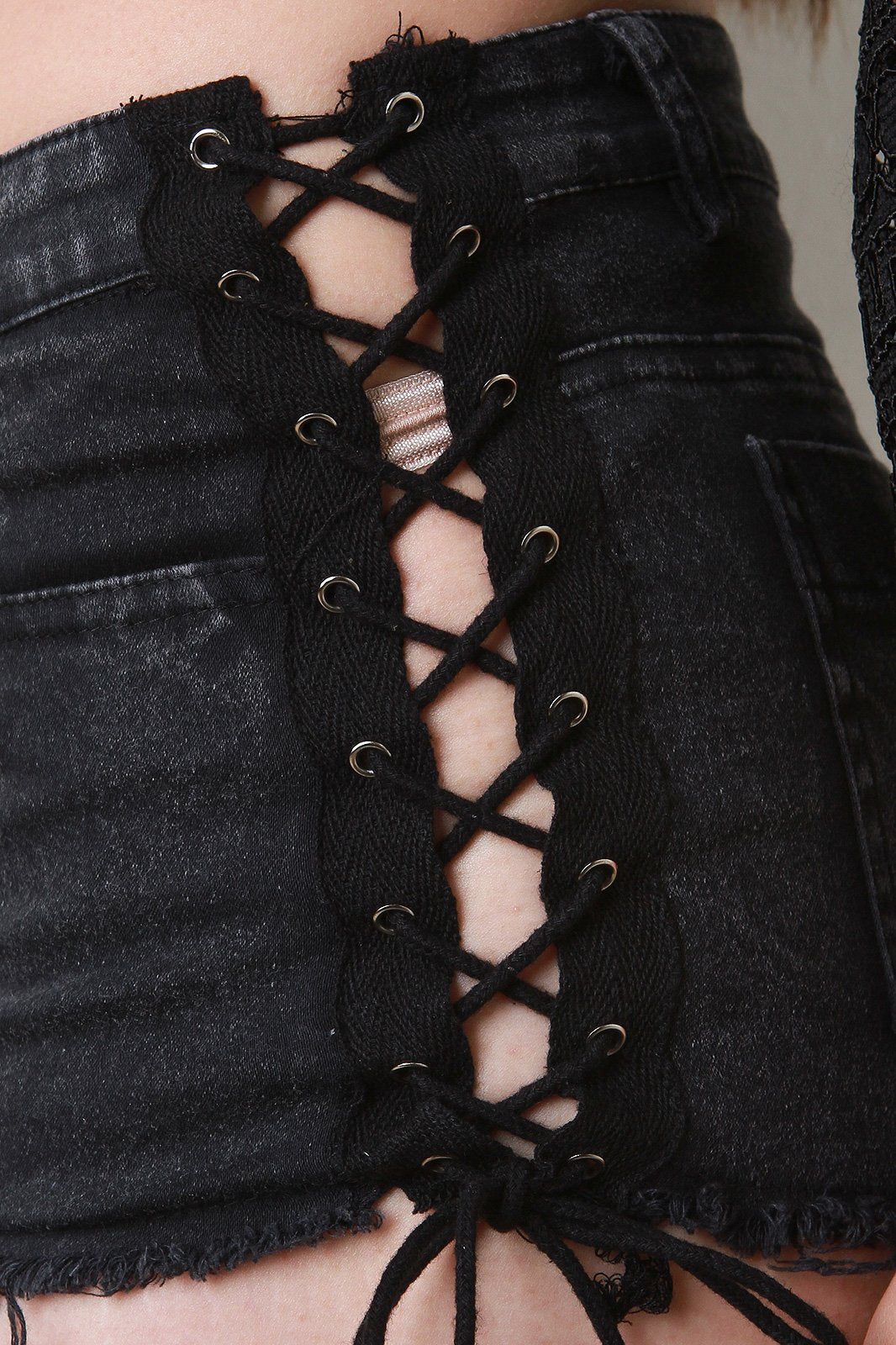 Strappy Lace-Up Frayed Stretchy Cheeky Shorts