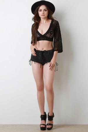 Strappy Lace-Up Frayed Stretchy Cheeky Shorts