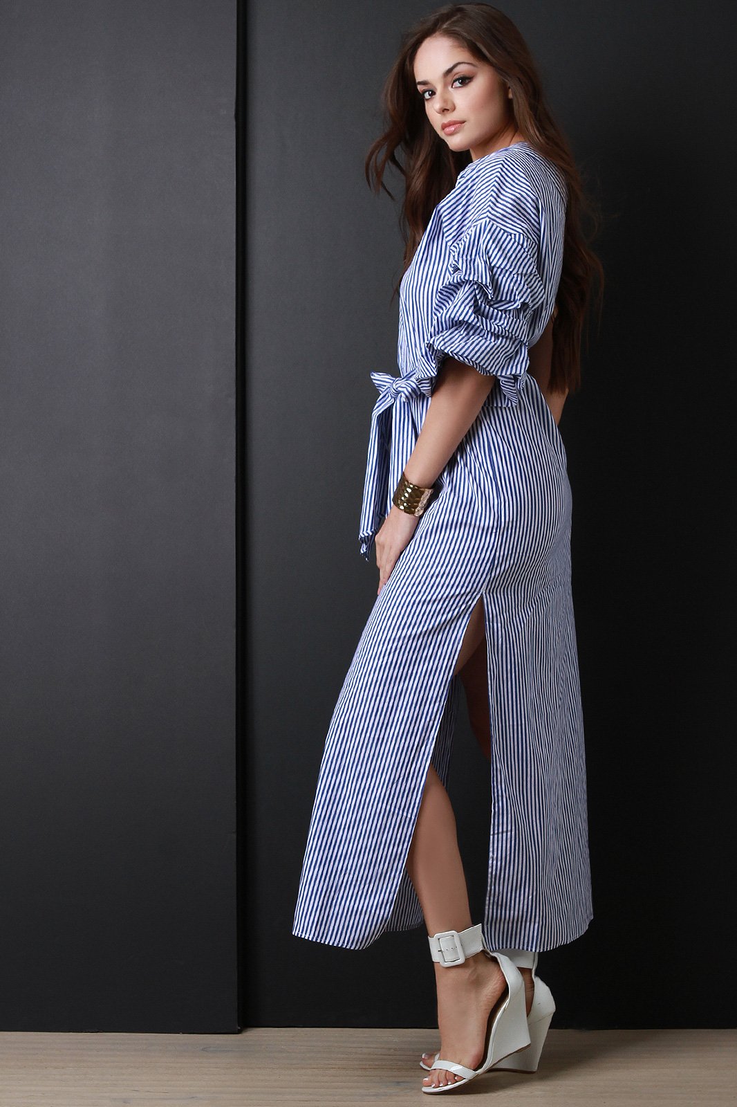 Asymmetrical One Shoulder Ruched Striped Maxi Dress