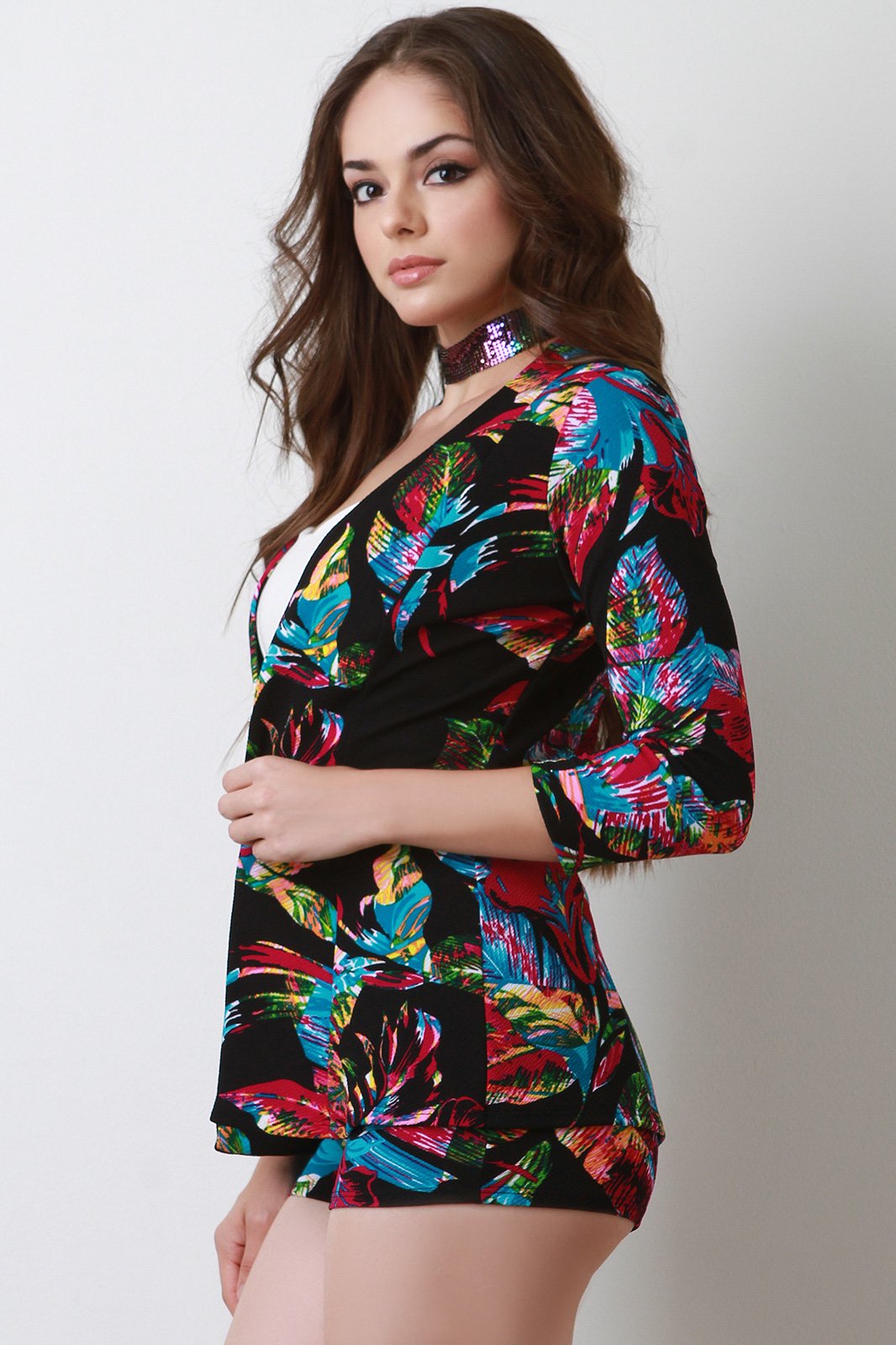 Tropical Leaf Print Open Blazer With High Waisted Shorts Set