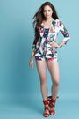 Tropical Leaf Print Open Blazer With High Waisted Shorts Set