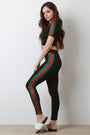 Striped Mesh Sides Crop Top With High Waisted Pants Set