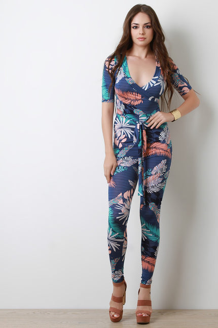 Tropical Palm Print Striped Surplice Fitted Jumpsuit